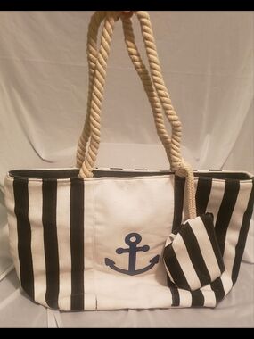 Nautical Beach Tote Bag Zip W/ pouch Rope Straps